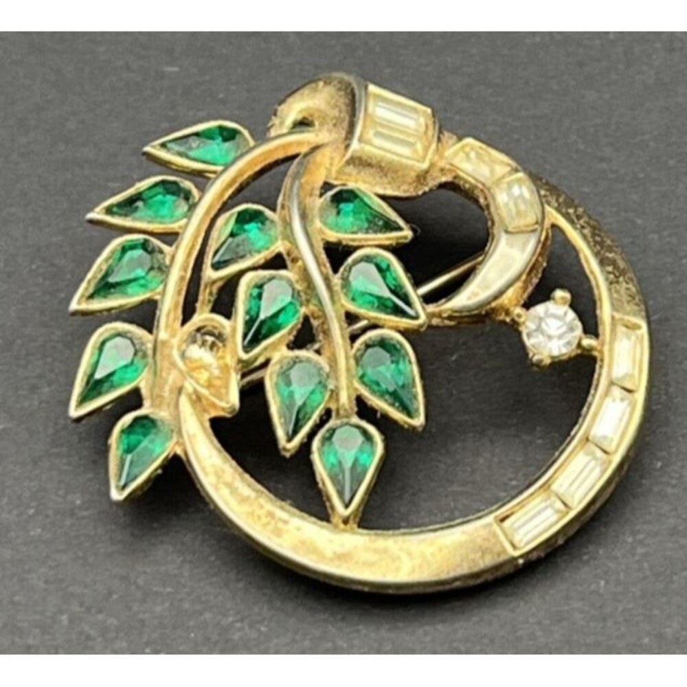 Vtg Crown Trifari Emerald Rhinestone Leaf Brooch Pin Alfred Philippe READ